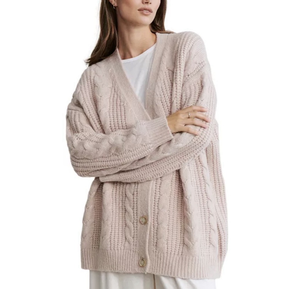 Jenni Kayne $395 Cable Knit Cocoon V Neck Cardigan Sweater In Oatmeal Alpaca Med